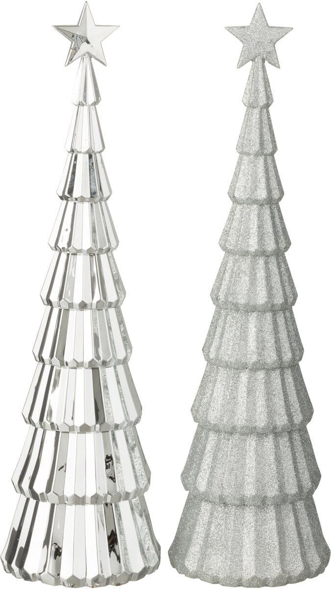 J-Line decoratie Kerstboom - kunststof - zilver - 2 stuks