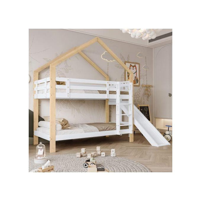 Stapelbed - MUVOE - Huis met glijbaan - Gebogen ladder - Massief hout - 2 persoons wit
