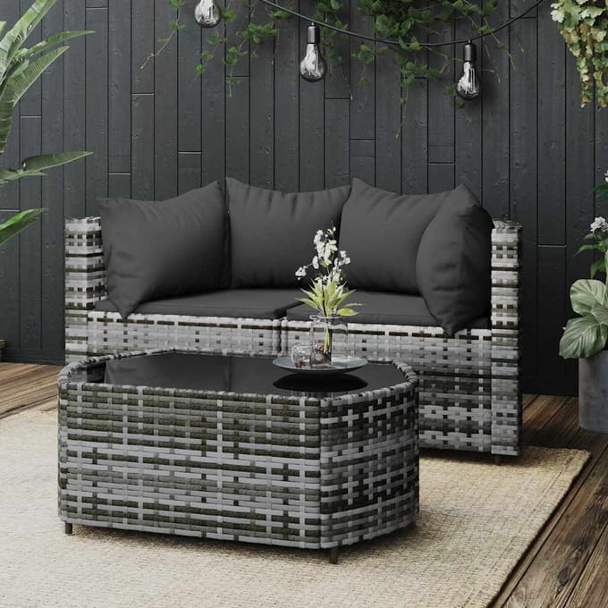 vidaXL - 3-delige - Loungeset - met - kussens - poly - rattan - grijs