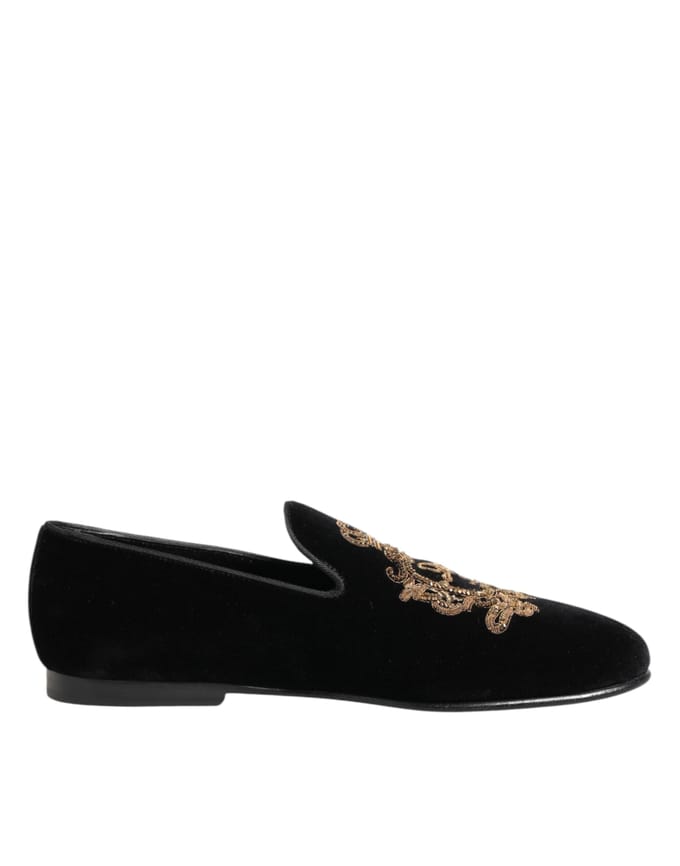 Dolce & Gabbana Zwarte Fluwelen Gouden Kroon Heren Instappers