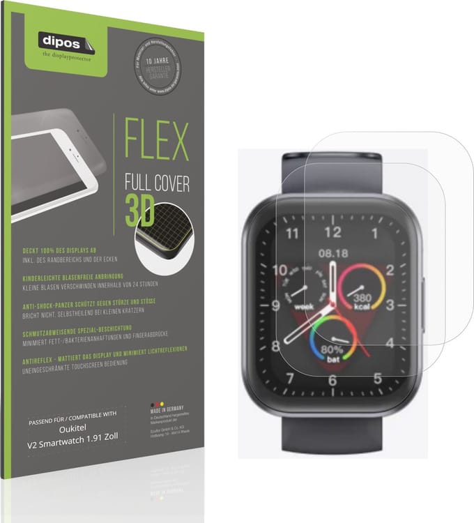 dipos FLEX – 2x Matte Screenprotector geschikt voor Oukitel V2 Smartwatch 1.91 Zoll | Volledige Schermbescherming | Case-Friendly