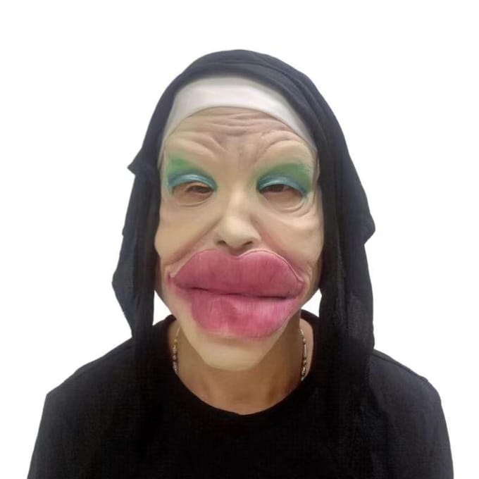 Grappig latexmasker van een koningin met een grote mond en een non One Size roze