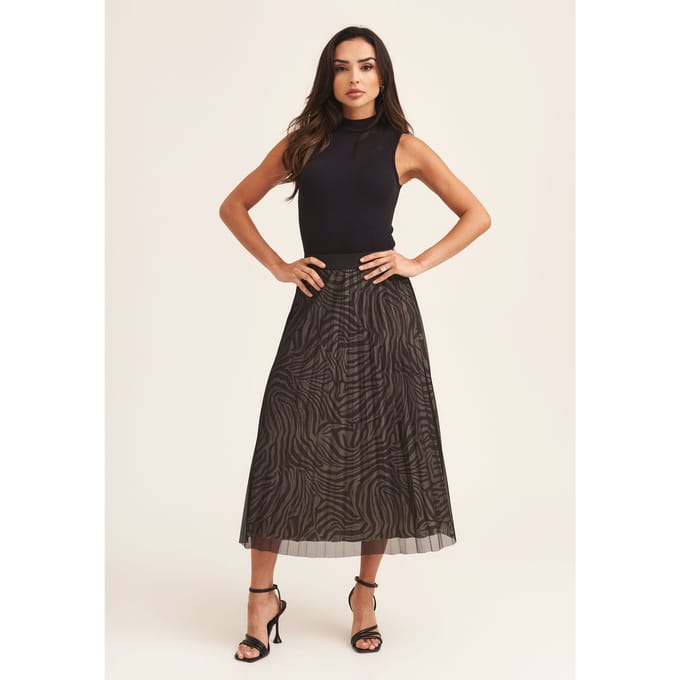 Zwarte geplooide midi-rok met mesh-overlay en dierenprint