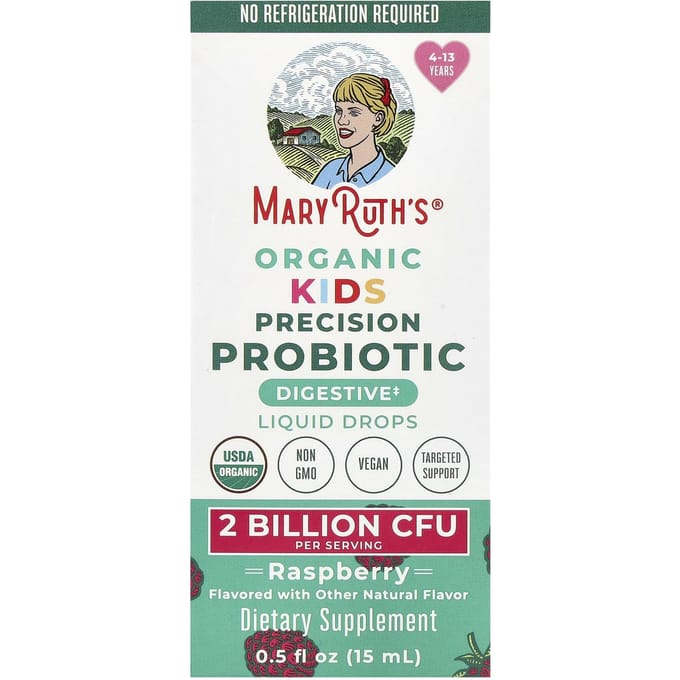 MaryRuth's, Biologische Precision Probiotic voor Kinderen, Vloeibare Druppels, Leeftijden 4-13, Frambozensmaak, 2 Miljard KVE, 0,5 fl oz (15 ml)