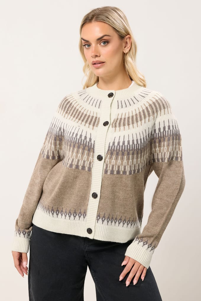 Yours Natural Brown Fairisle Gebreide Cardigan Size 54-56