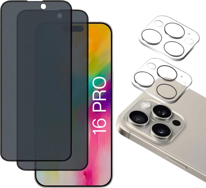 Screenprotector geschikt voor iPhone 16 Pro - 2 stuks Beschermglas Privacy Glas Screenprotector van glazen schermbeschermfolie + 2 stuks Camera Protector