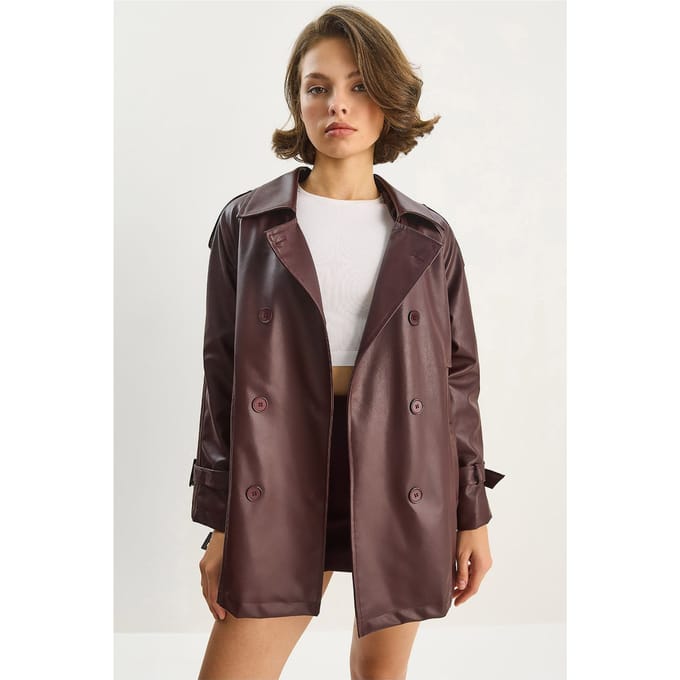 Dubbelgevoerde Faux Leren Trenchcoat