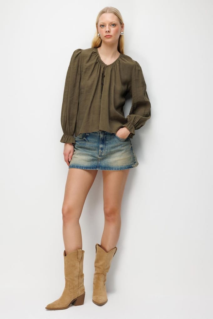 Gestructureerde Knop-Up Crewneck Blouse