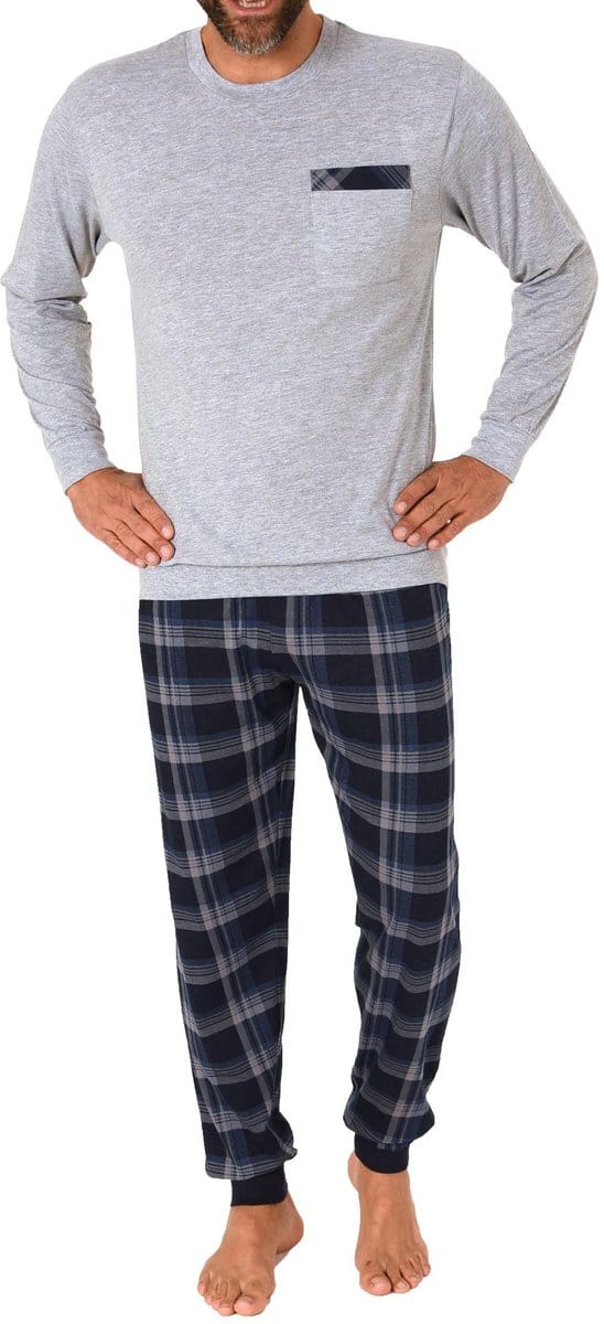 Normann herenpyjama met lange mouwen en geruite jersey broek