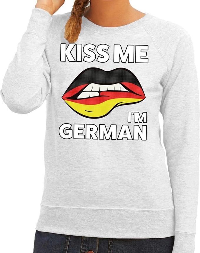 Kiss me I am German sweater grijs dames - feest trui dames - Duitsland kleding M