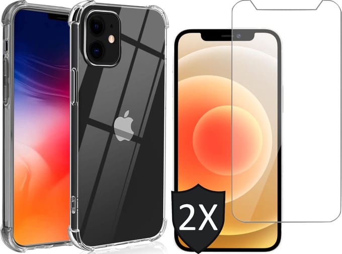 Hoesje geschikt voor iPhone 12 Mini - Transparant Siliconen Shockproof Case + 2x Screen Protector Glas