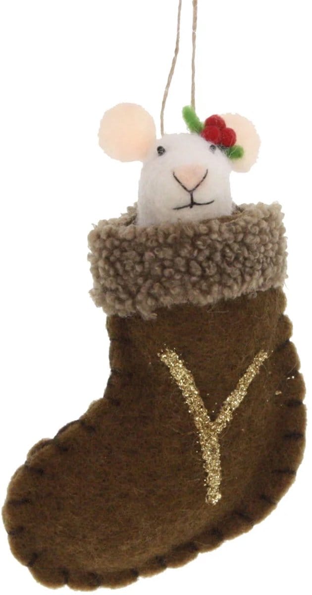 Sok bruin met muis vilt 9x4x14cm