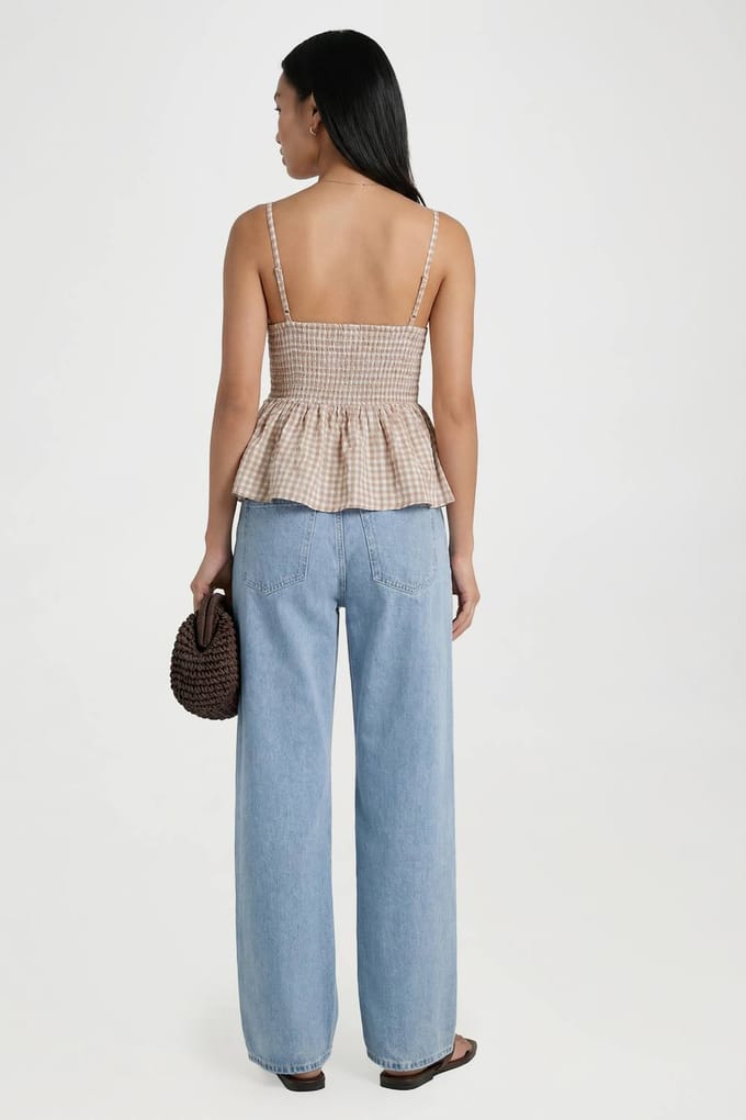 boohoo Dames Gingham Seersucker Top Met Gerimpelde Taille En Bandjes | Bruin | Maat: 40