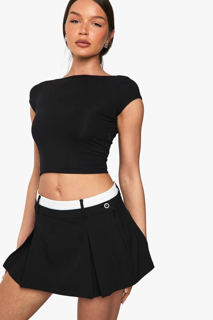 boohoo Dames Contrast Tailleband Box Plisse Skort | Zwart | Maat: 34