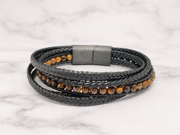 Mei's - Hide Leather Cat - armband heren - leer/RVS zwart/bruin - polsmaat 19 cm