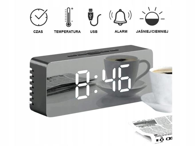 Alarmklok met spiegel en temperatuur - Zwart
