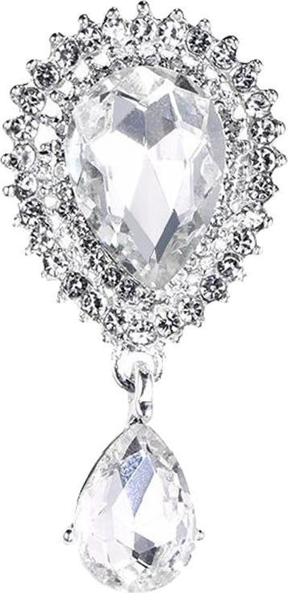 Fako Bijoux® - Broche - Druppel Kristal - 24x48mm - Zilverkleurig
