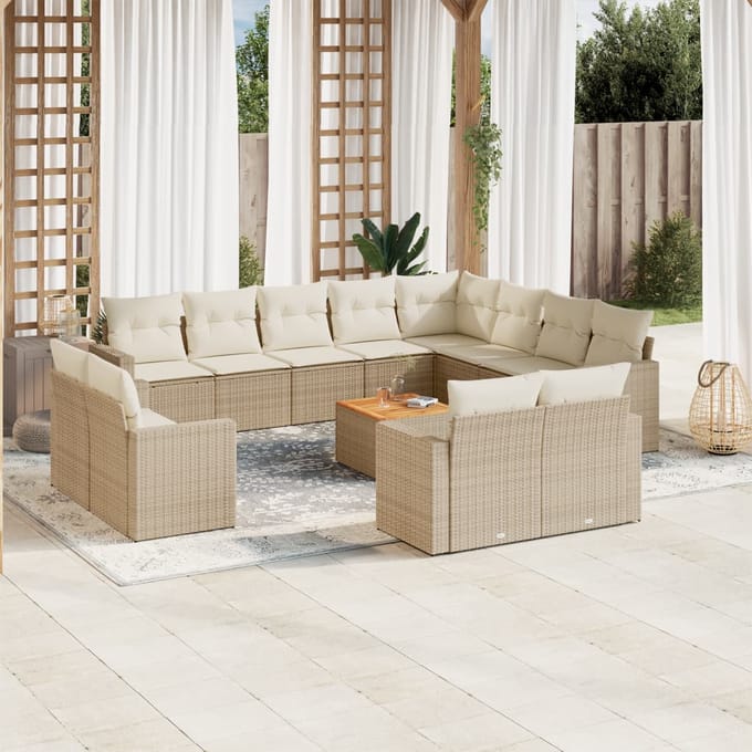 vidaXL - 13-delige - Loungeset - met - kussens - poly - rattan - beige