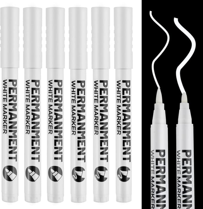 Set van 6 Witte Waterdichte Markers voor Acrylverf, Sneldrogend en Multifunctioneel voor DIY Kaarten en Handgemaakte Projecten