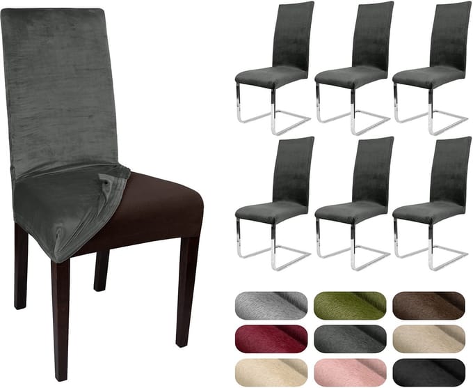 LEA, set van 6 stoelhoezen, elastische effen stretchhoezen van fluweel, microvezel, kleur naar keuze (grijs)