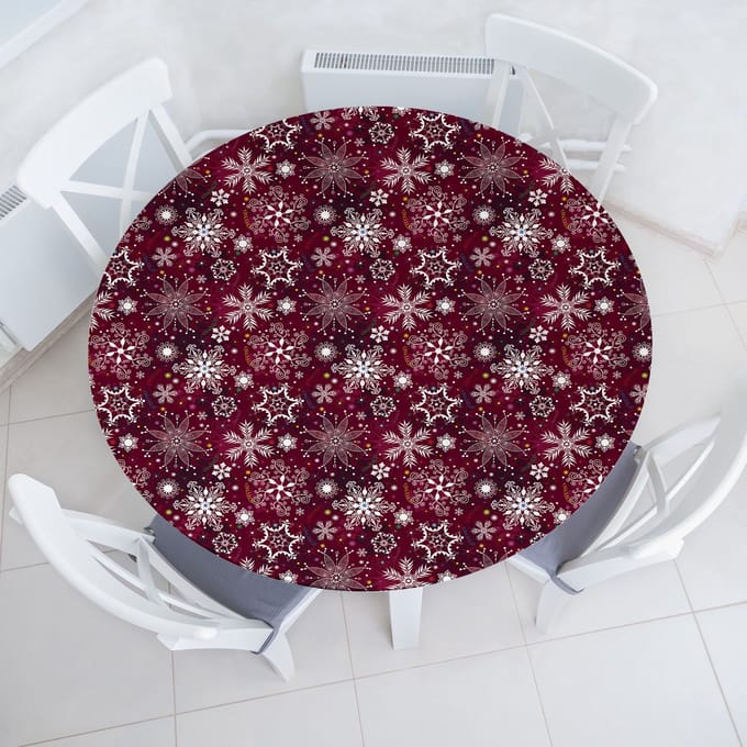 ABAKUHAUS Snowflake Elastisch Rond Tafelkleed, Kerstmis, Allround Elastisch Tafelkleed, 100 cm - 110 cm, Bordeaux Rood