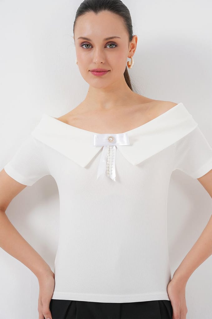 Bootneck Geribde Blouse met Strik
