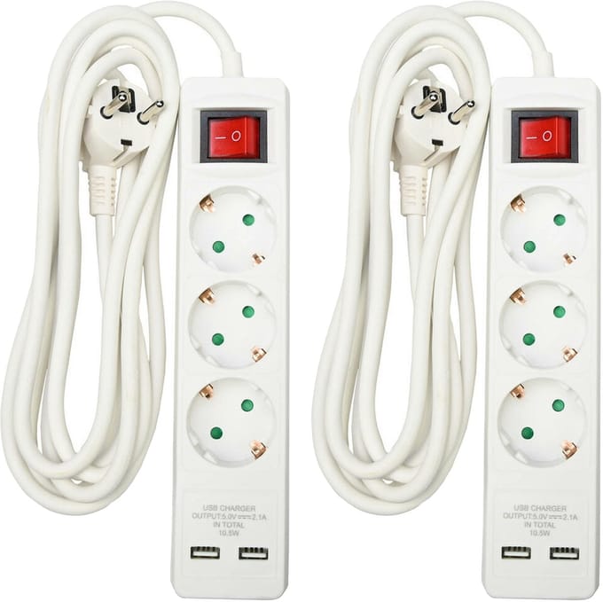 Benson Stekkerdoos 3-voudig- 2x usb - schakelaar - geaard - wit - 300 cm - stekkerdozen - verlengsnoeren