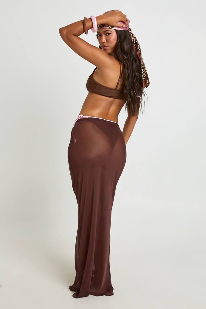 boohoo Dames Doorzichtige Mesh Strand Maxi Rok | Chocolate | Maat: 14