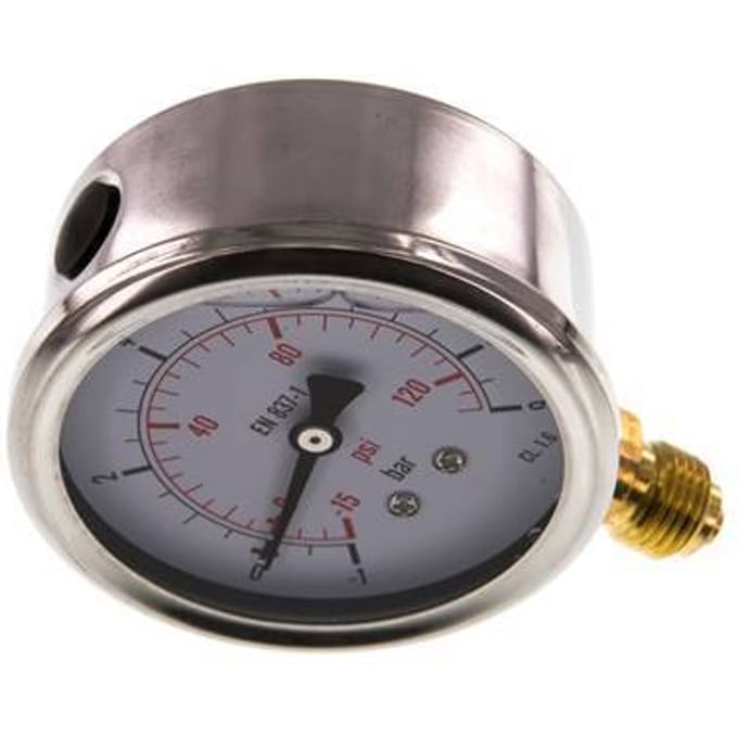 -1..9 Bar Glycerine Manometer Onderaansluiting RVS/Messing 63 mm Klasse 1.6 - ML-1963SVG
