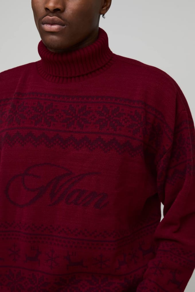 Oversized Boxy Roll Neck Christmas Fair Isle Knitted Jumper | Burgundy | Size Medium