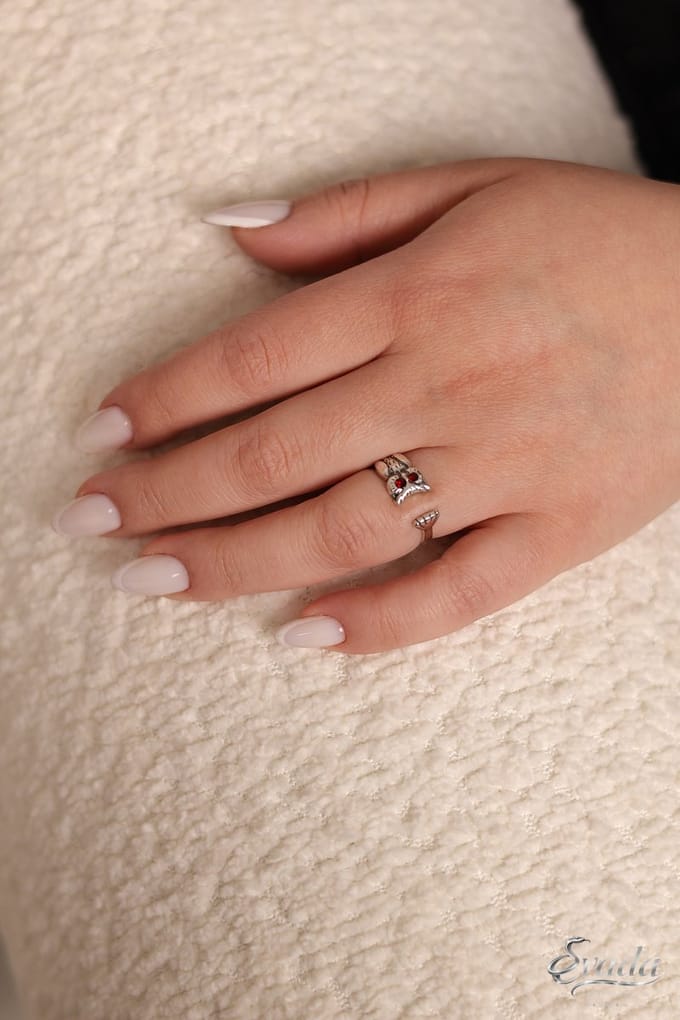 925 Sterling Zilver EVADA Jewelry Uil Ring - Verstelbare Dames Ring - Rode Steen - Vintage - Handgemaakt