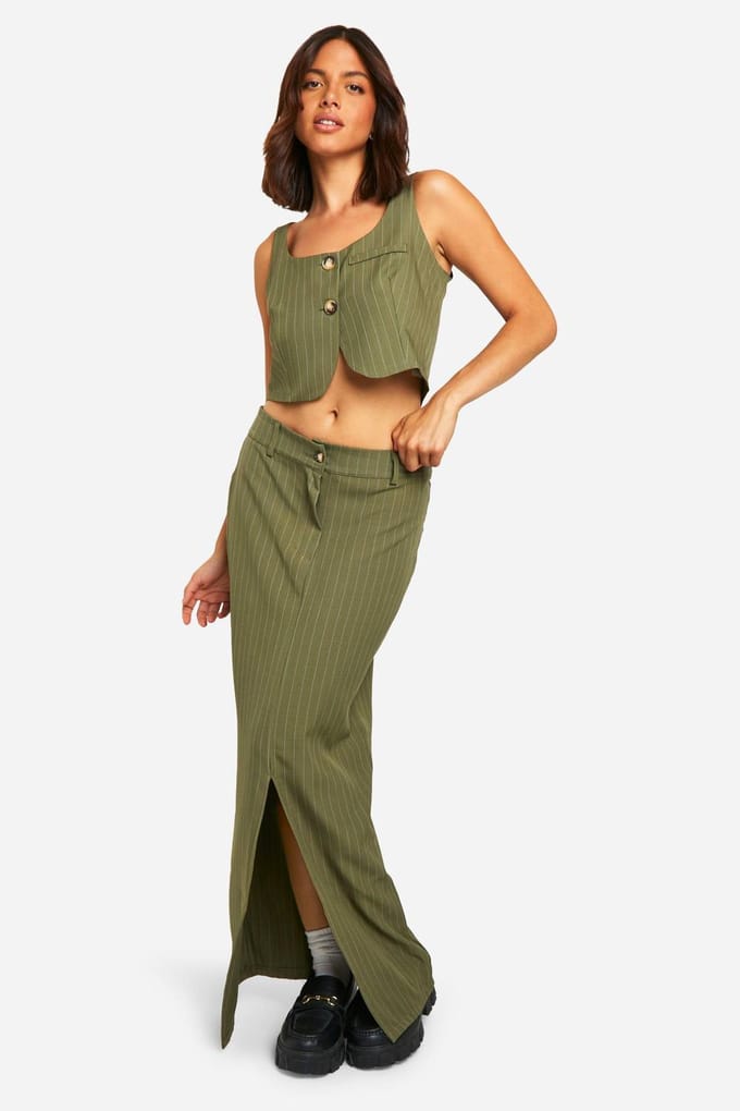 boohoo Dames Pinstripe Split Front Column Maxi Skirt | Kaki | Maat: 38