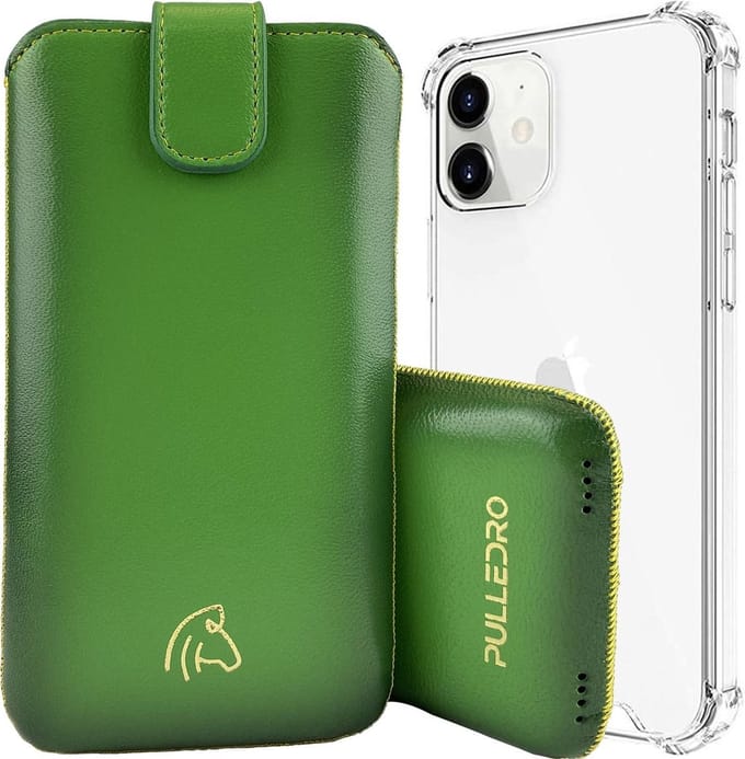 Pulledro geschikt voor iPhone 12 (Pro) Sleeve leren Insteekhoesje + BackCover - Ɠold Ɠreen