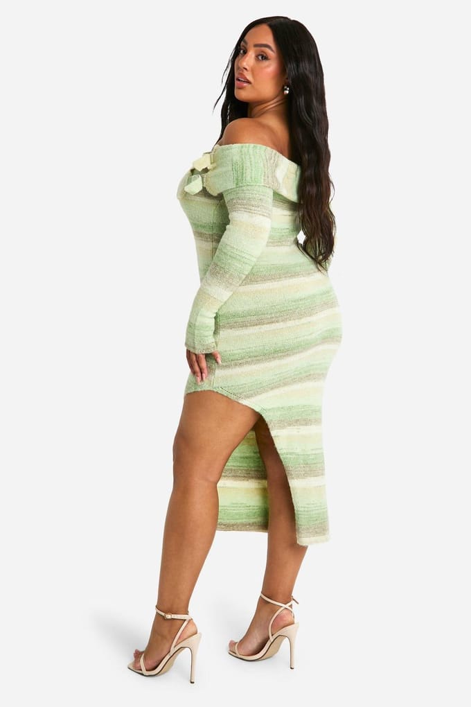 boohoo Dames Plus Bardot Buckle gebreide jurk | Green | Maat: 22