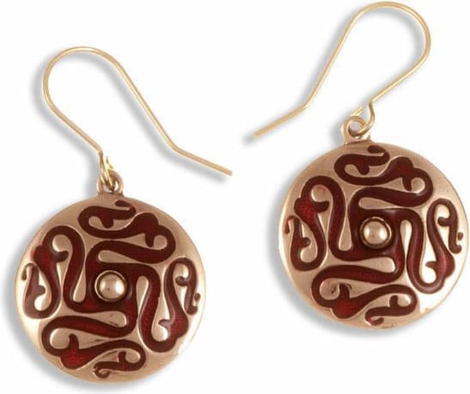 Draaimolen bronzen oorbellen met rood email