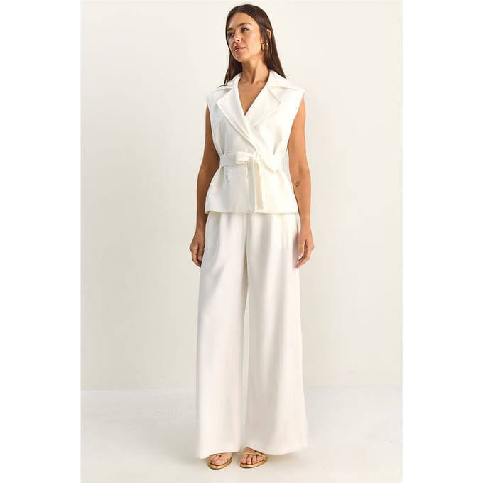 Hoge Taille Wijde Pijpen Co-ord Set met Sjaalkraag