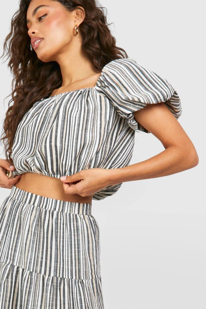 boohoo Dames Tonal Linnen Look Volume Mouw Bardot | Black | Maat: 6