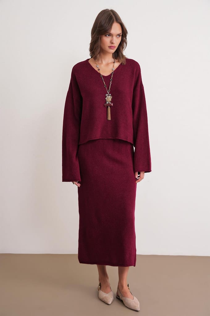 V-hals Brei Sweater & Rok Co-ord Set