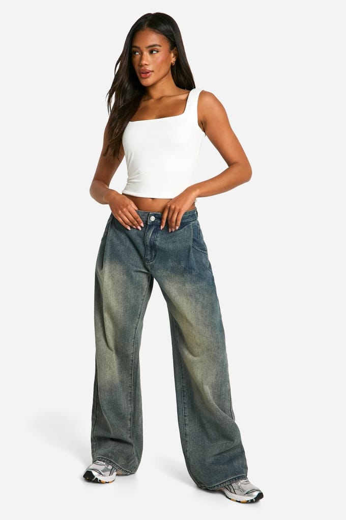 boohoo Dames Dubbele Laag Slinky Crop Top met Vierkante Hals | Wit | Maat: 38