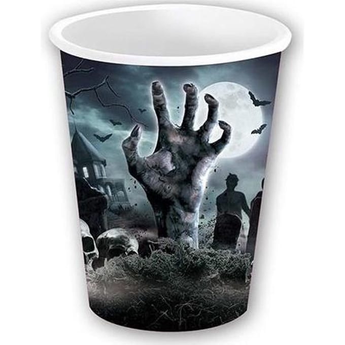 Fiestas Guirca Halloween/horror begrafenis feest bekers - 6x - zwart - papier - 240 ml
