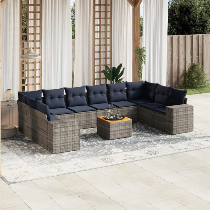 vidaXL - 11-delige - tuinbankset - met - kussens, - grijs - polyrotan