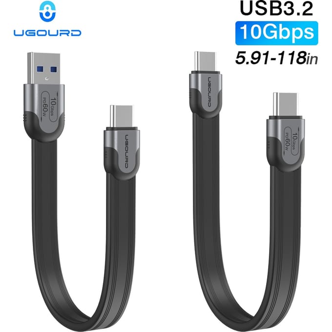 UGOURD USB A naar Type C 10Gbps Kabel USB C naar C USB3.1/3.2 Gen2 Sync Oplaad- en Gegevens Kabel voor SSD Harde Schijf Hub 0.15m - 3m Platte Zachte