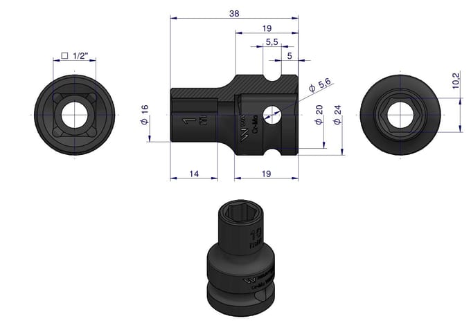 Slagdop 1/2" 10mm Zeskant CrMo DIN 3129