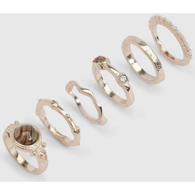 boohoo Dames Ringen Met Steendetail 6-pack | Goud | Maat: Small/Medium