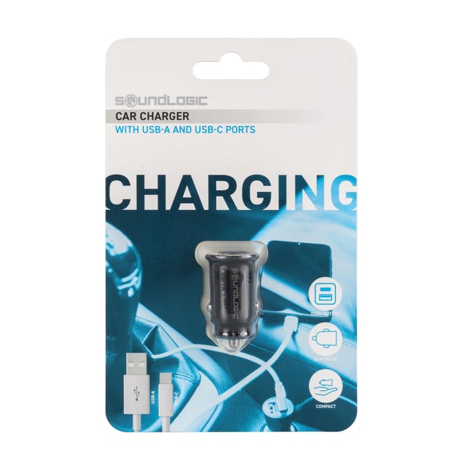 Autolader USB A USB C compacte oplader voor onderweg zwart.