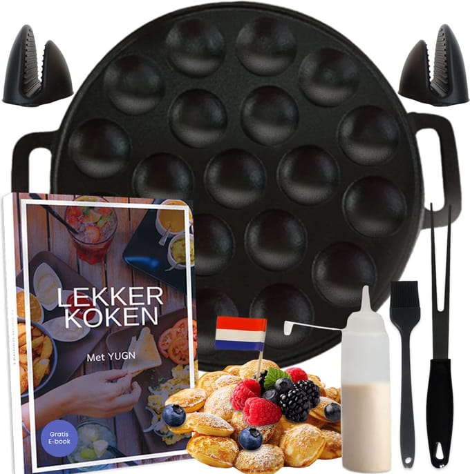 YUGN Poffertjespan Gietijzer Inductie Poffertjesmaker Complete Bakset 24 CM 19 Stuks