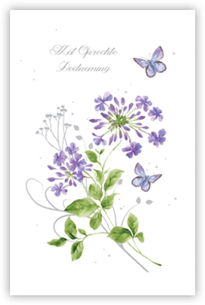 Condoleance kaart "Lila bloemen en vlinders"