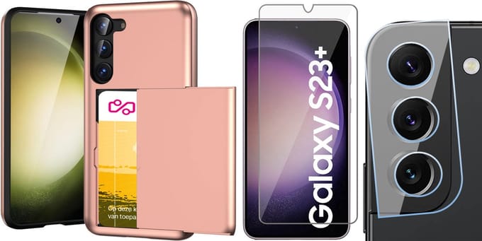 Hoesje met Pasjeshouder geschikt voor Samsung Galaxy S23 Plus - Screenprotector GlassGuard & Camera Lens Screen Protector - Back Cover SlideCase Roségoud