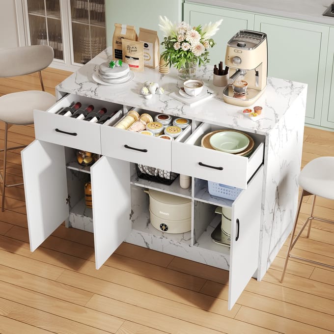 Keukeneiland - 120x60x90.5 cm - Marmer Design - 3 Laden en 3 Deuren - Hout - Wit