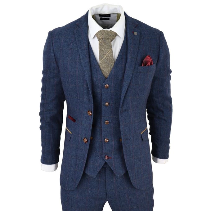 Heren Blauwe Tweed Ruit 3-Piece Pak